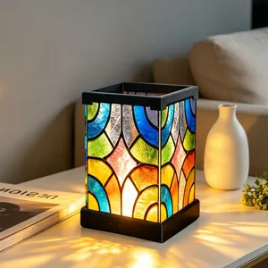 Bunte Acryl LED Nachtlampe, quadratische Buntglas Stil dekorative Tischlampe fuer Schlafzimmer.