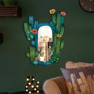 Bohemian style cactus decorative mirror for bedroom, unique wooden wall hanging mirror decor.