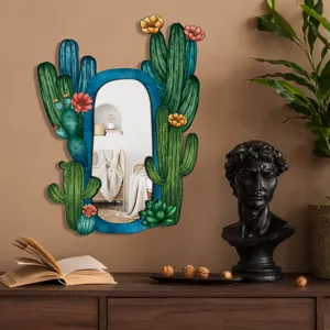 Boho bohemian style wooden decorative mirror with unique cactus and succulent frame design.