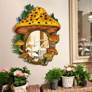 Bohemian mushroom mirror for wall decor, cute wooden acrylic cosmetic mirror for bedroom living room.