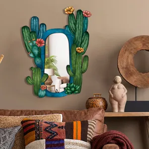 Bohemian cactus decorative wall mirror, unique wooden acrylic boho home bedroom decor.