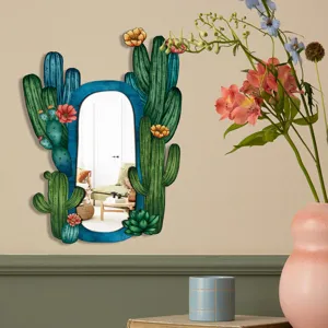 Boho cactus wall mirror, unique wooden decorative hanging mirror for bedroom and living room.