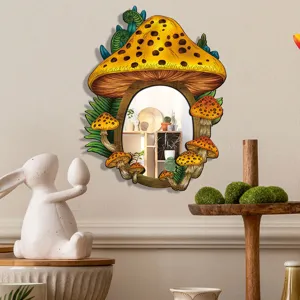 Bohemian mushroom wooden wall mirror, aesthetic boho acrylic mirror for bedroom home decor.