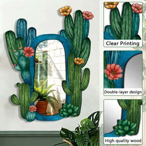 Bohemian wooden wall mirror with unique cactus succulent design double layer home decor