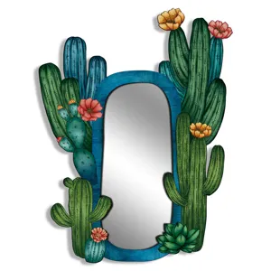 Detailed view of bohemian style cactus decorative mirror, exquisite botanical wall art.