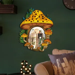 Boho wooden mushroom mirror for bedroom wall decor, aesthetic acrylic mirror home accent.