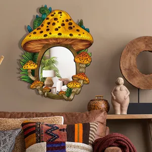 Boho mushroom wall mirror detail view, wooden decorative hanging mirror for bedroom home decor.