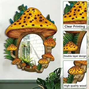 Boho mushroom wooden wall mirror, double layer design decorative mirror for bedroom and home decor.