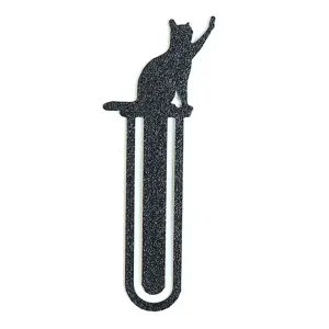 Nahaufnahme des schwarzen strukturierten Metall Katzenlesezeichens mit einzigartigem Design.