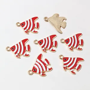 Red white striped fish charm alloy enamel DIY jewelry pendant detail view 19x18mm accessories