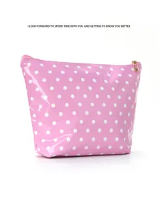 Glossy pink polka dot cosmetic bag with zipper, stylish portable makeup storage pouch.
