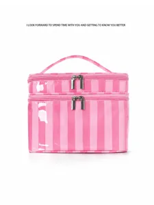 Bolso cosmético de rayas rosa de doble capa gran capacidad organizador de maquillaje viaje