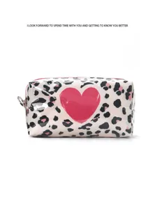 Leopard print cosmetic pouch detail, pink heart pattern travel makeup storage bag.