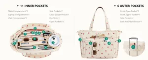 Large capacity corduroy tote bag with strawberry print, 17 pockets multi-functional handbag.