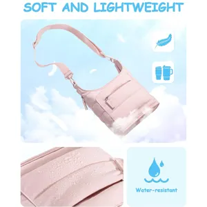 Pink lightweight waterproof crossbody bag with adjustable strap and multiple zipper pockets.