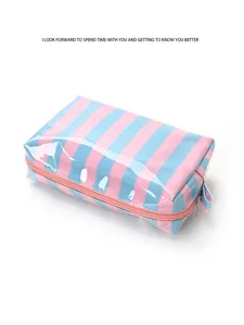 Pink blue striped makeup bag detail, glossy waterproof cosmetic pouch with zipper.