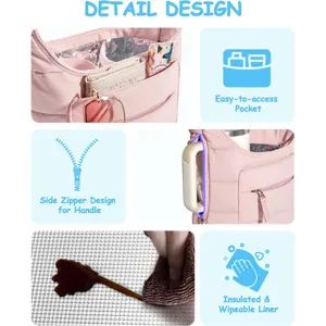 Pink tote bag detail featuring front pocket, side zipper handle and insulated wipeable liner.
