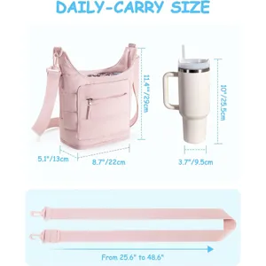 Pink daily carry crossbody bag with tumbler and adjustable strap dimension detail image
