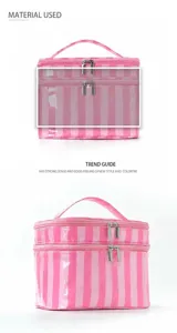 Bolsa de cosméticos de rayas rosa de doble capa gran capacidad organizador de maquillaje