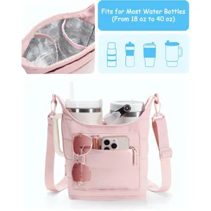 Pink insulated double water bottle sling bag detail, showing interior compartments and storage.