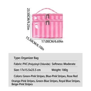 Bolsa de maquillaje rosa de doble capa a rayas gran capacidad organizador de viaje PVC.