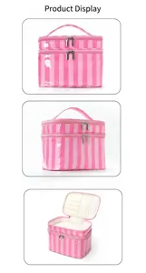 Bolso cosmético de doble capa con rayas rosas, estuche organizador de maquillaje portátil grande.