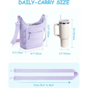 Purple quilted crossbody bag with water bottle holder and adjustable strap dimensions infographic.