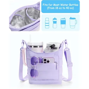 Light purple insulated water bottle crossbody bag with phone pocket and adjustable strap details.