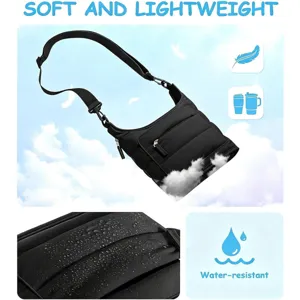 Water-resistant black nylon crossbody bag with adjustable strap for outdoor hiking and travel.