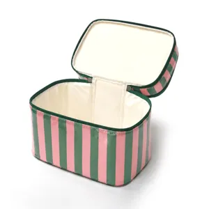 Bolsa cosmetica de rayas rosa y verde neceser de viaje organizador portatil de doble capa