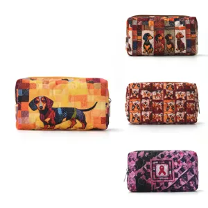 Quilted Cute Dog Pattern Cosmetic Bag Large Capacity Travel Makeup Pouch Portable Zipper Toiletry Bag For Women
