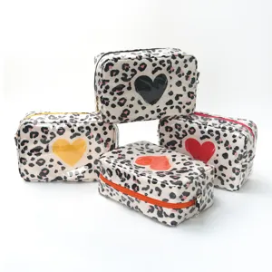 Waterproof PVC Cosmetic Bag Leopard Heart Print Travel Makeup Pouch Portable Toiletry Organizer Storage Bag For Women