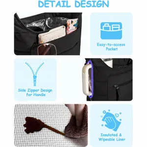 Detail view showing insulated liner, side zipper handle, and multi-pocket design of black bag.