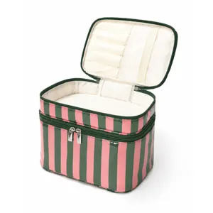 Bolsa de maquillaje de doble capa a rayas, gran capacidad para viajes y cosméticos.