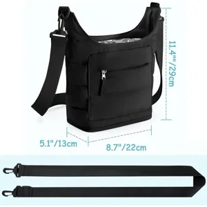 Detailed view of the black multi-pocket nylon shoulder bag showing dimensions and adjustable strap.