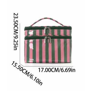 Bolsa de maquillaje a rayas de doble capa, gran capacidad neceser de viaje portátil.