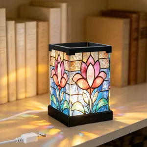 Bunte Buntglas Acryl LED Nachtlicht Detailansicht, schönes Blumenmuster Design für Zimmer.