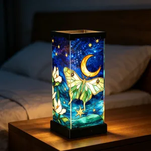 Luce notturna in vetro colorato lampada decorativa da comodino con motivo luna e falena.