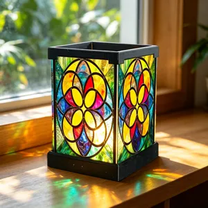 Bunte Buntglas-Stil LED Nachtlampe mit geometrischem Blumenmuster und schwarzem Rahmen.