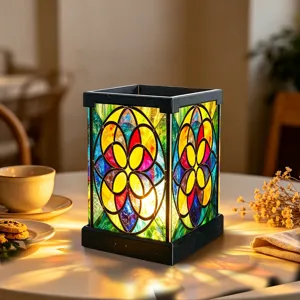 Bunte Acryl LED Nachtlampe mit Blumenmuster, quadratische Tischleuchte für das Schlafzimmer.
