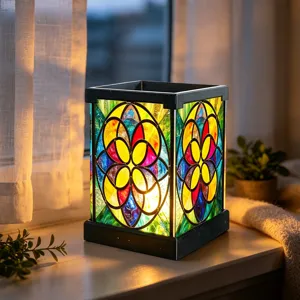 Nahaufnahme der bunten, quadratischen LED-Nachtleuchte im Buntglas-Stil auf Fensterbank.