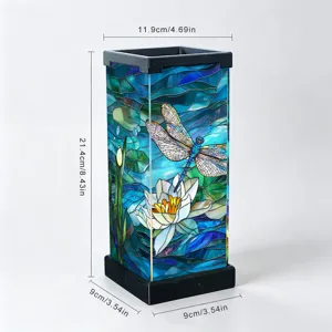 Luce notturna in vetro colorato con libellula e loto, lampada da comodino decorativa da tavolo.