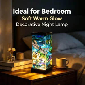 Lampada da notte in vetro colorato per camera da letto comodino con libellula e ninfea luce.