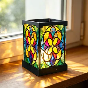 Buntes Buntglas LED Nachtlicht, dekorative quadratische Lampe Detailansicht, warmes Licht.