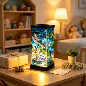 Luce notturna in vetro colorato da camera da letto comodino lampada design libellula loto.