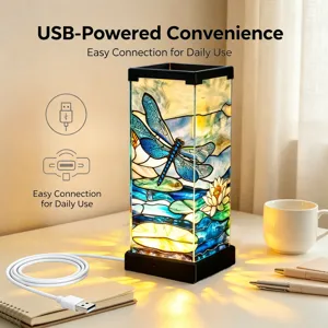 Lampada da notte a libellula in vetrata, lampada da comodino USB con motivo floreale decorativo.