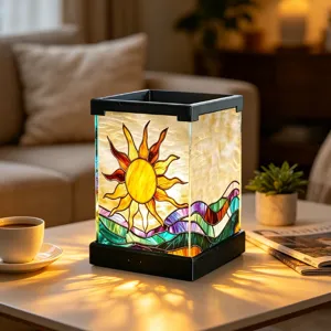 Detailansicht der farbigen Buntglas LED Nachtlampe mit Sonnendesign für gemütliche Räume.