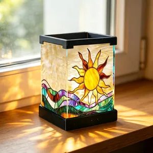 Buntes Acryl LED Nachtlicht Detail, warme Sonne und Wellen Muster, gemuetliche Zimmerlampe.