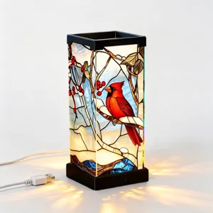 Luce notturna in vetro colorato con uccello cardinale, lampada da tavolo USB per camera.