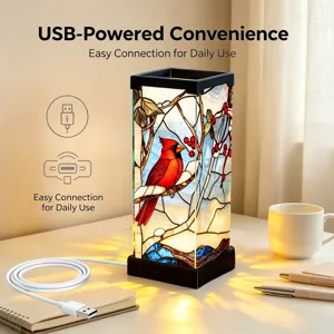 Vista dettagliata della lampada notturna USB in vetro colorato con design di cardinale sulla scrivania.